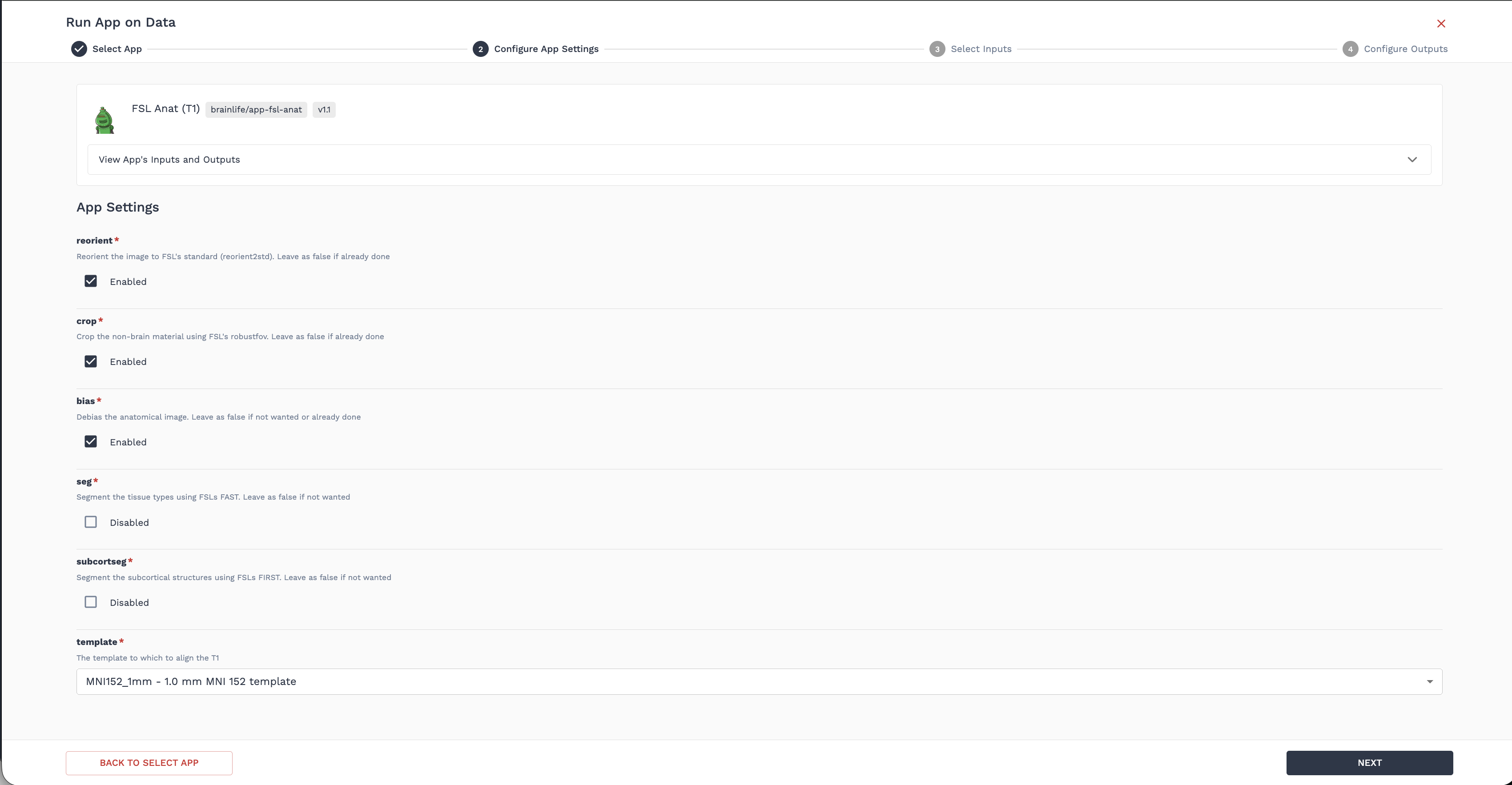 Configure App Settings Wizard Step