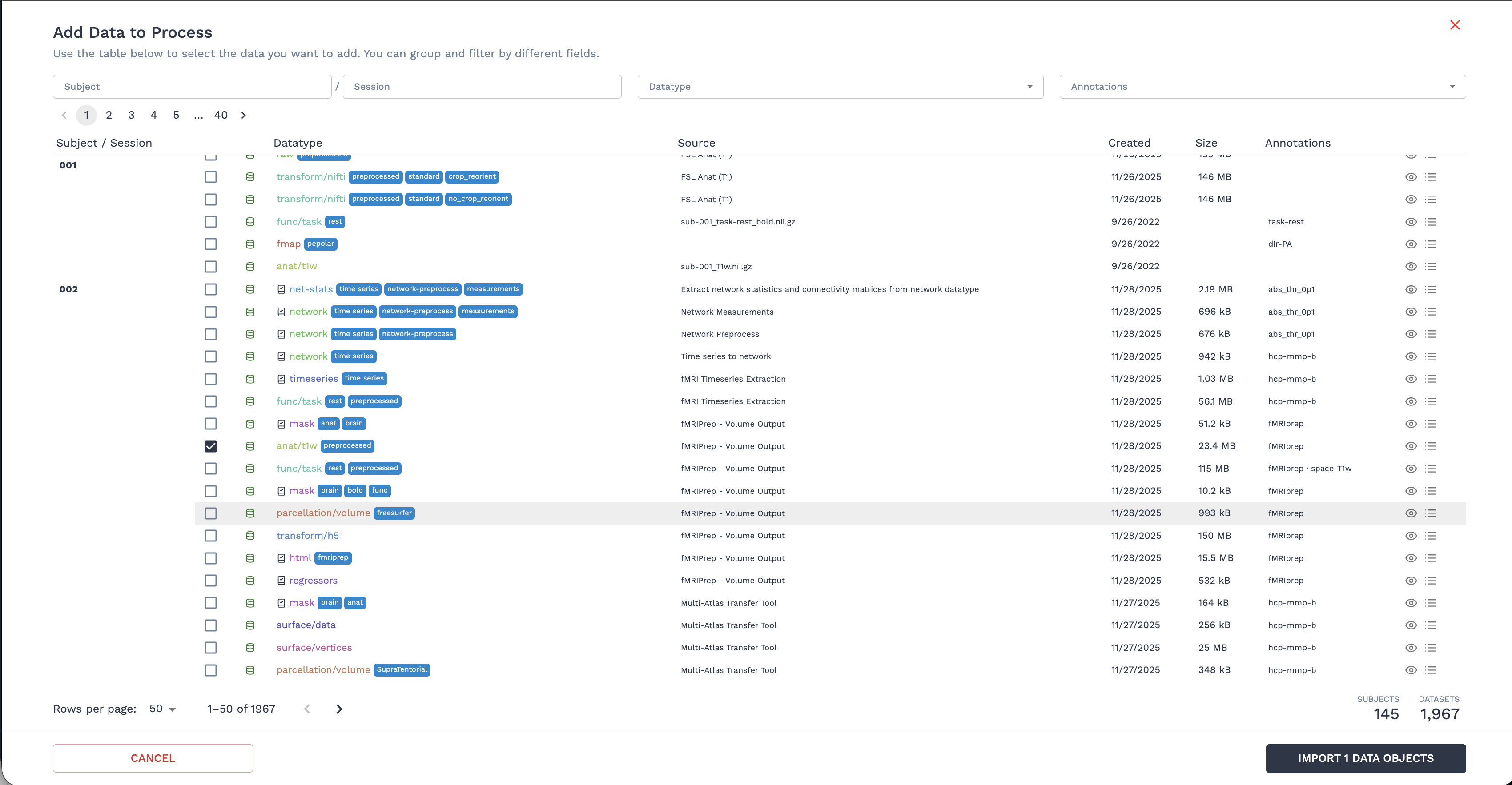 Add Data to Process Modal