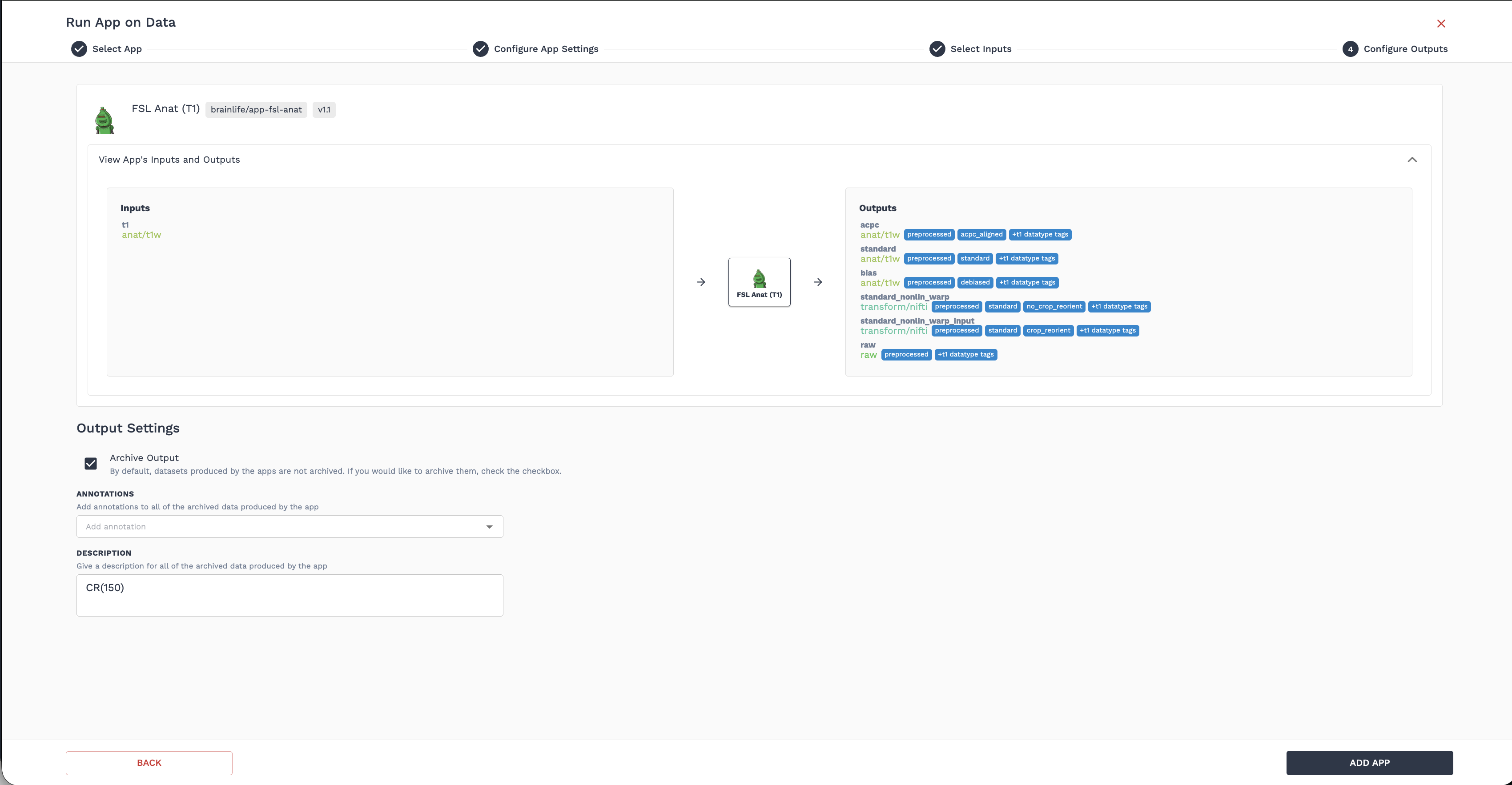 Configure Outputs Wizard Step