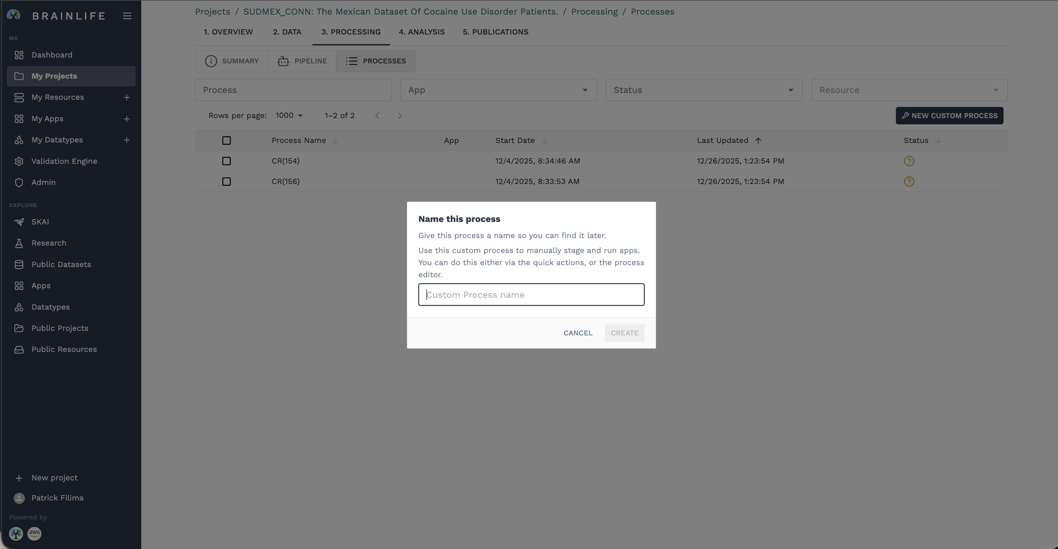 New Custom Process Dialog